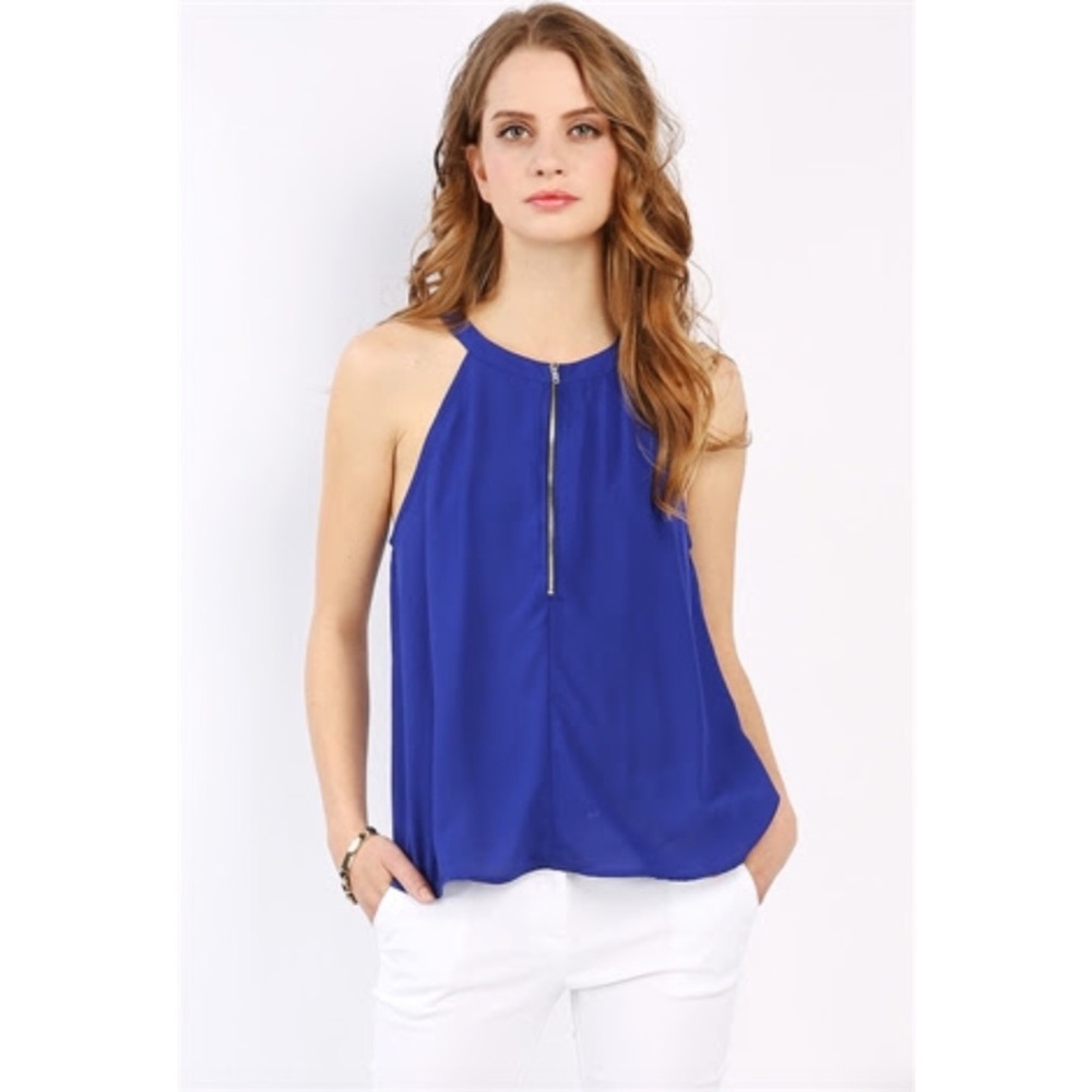 Cobalt Blue Zipper Detail Chiffon Top